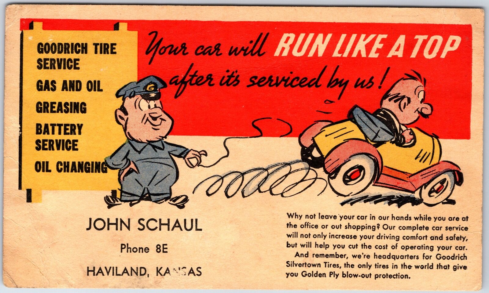 VINTAGE POSTCARD 1936 ADVERTISING GOODRICH TIRE SERVICE JOHN SCHAUL HAVILAND KS