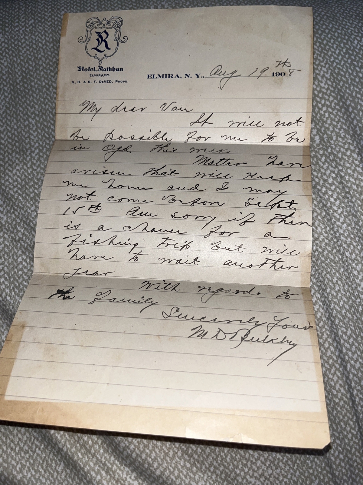 Antique 1908 Letter Hotel Rathbun Letterhead Elmira NY New York - Early 20th Cen