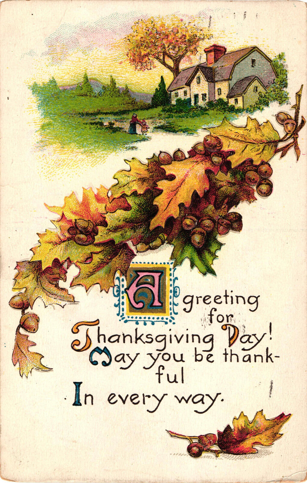 A Greeting for Thanksgiving Day Fall Leaves Acorns Embossed Postcard Posted