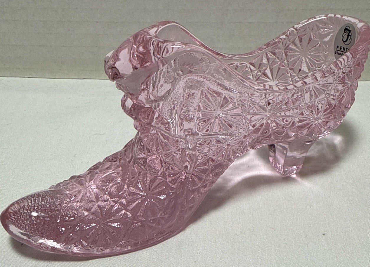 Vintage Fenton Pink Rose Cat Head Daisy and Button Glass Slipper Shoe - EUC