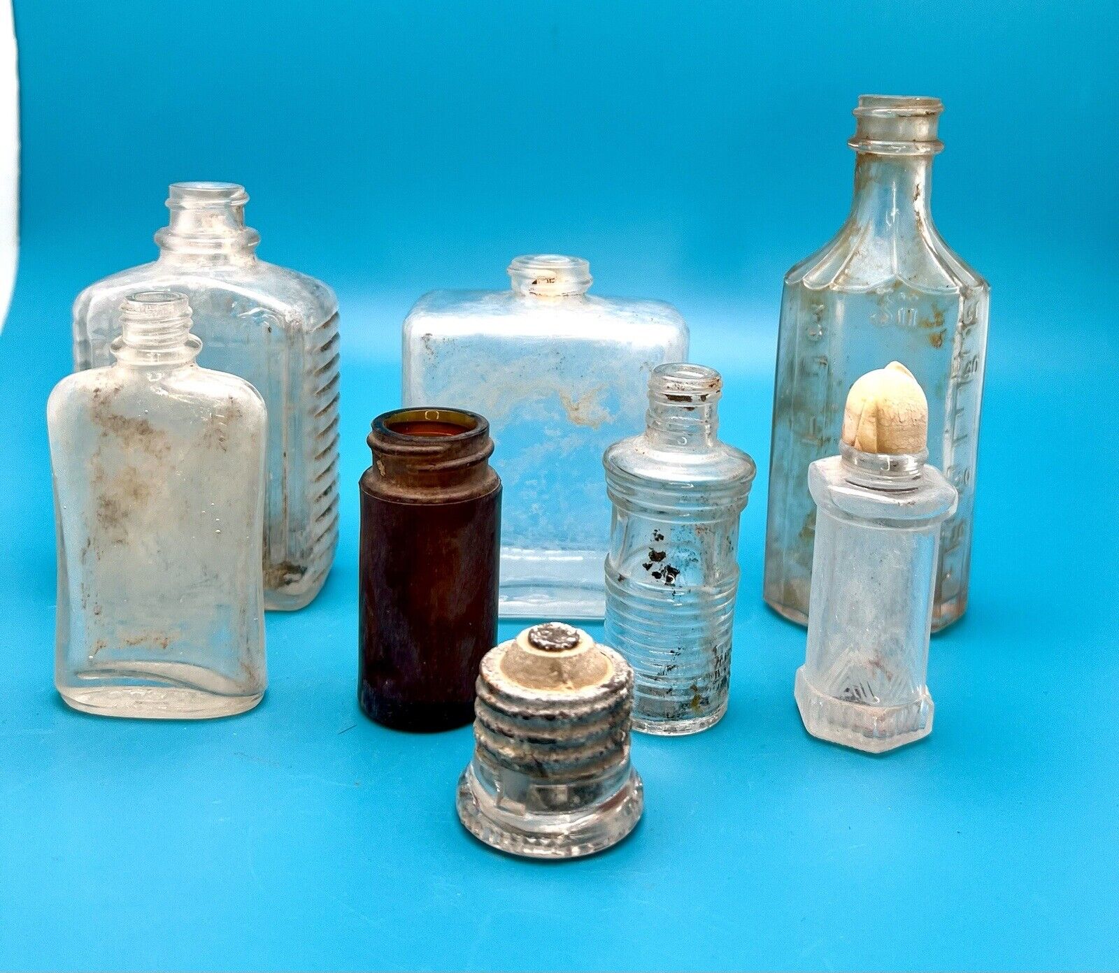 Lot of 7 Old Glass Bottles 1 Glass Fuse All Small One with Lid