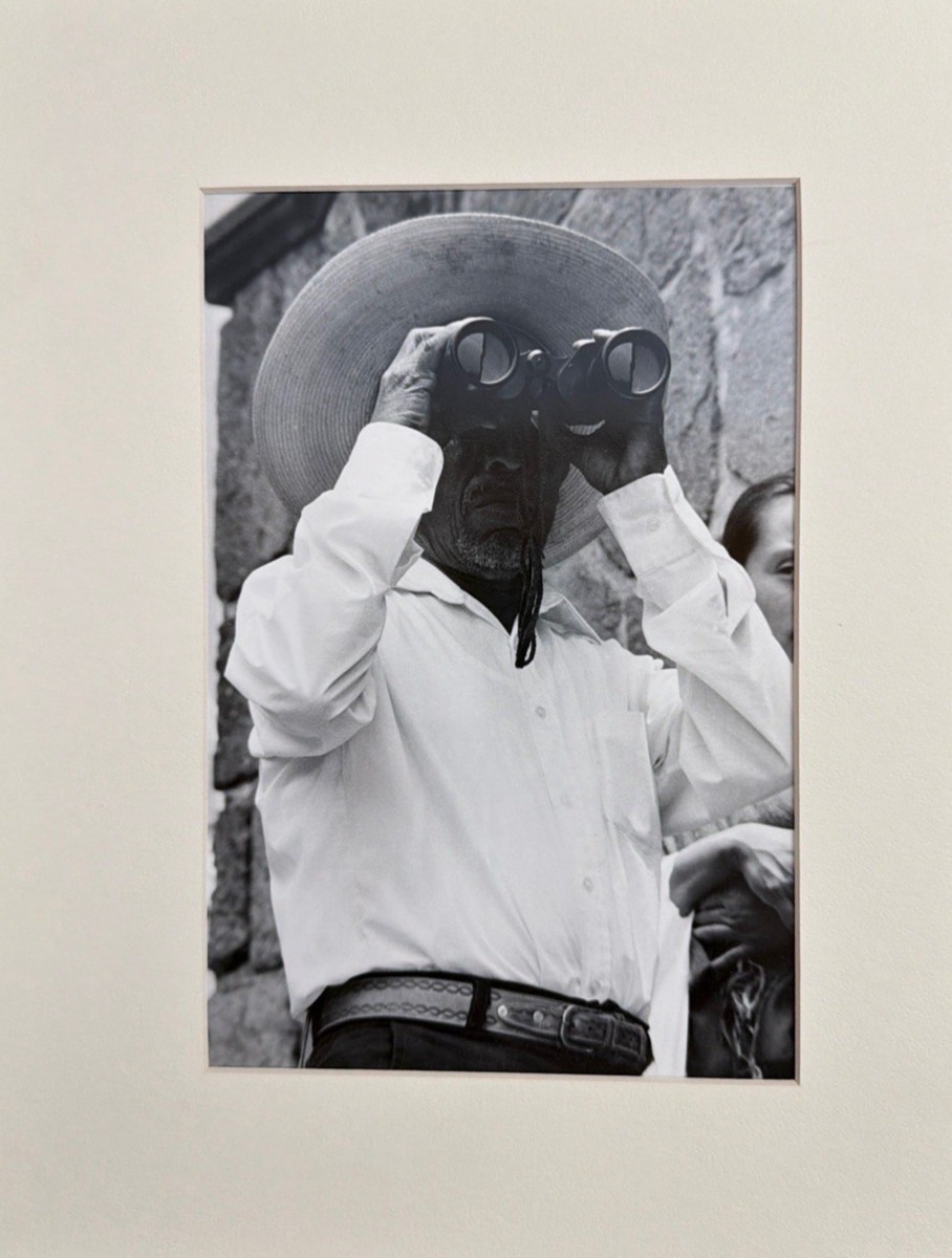 Vintage B&W Photo Man in Sombrero with Binoculars Matted Photo