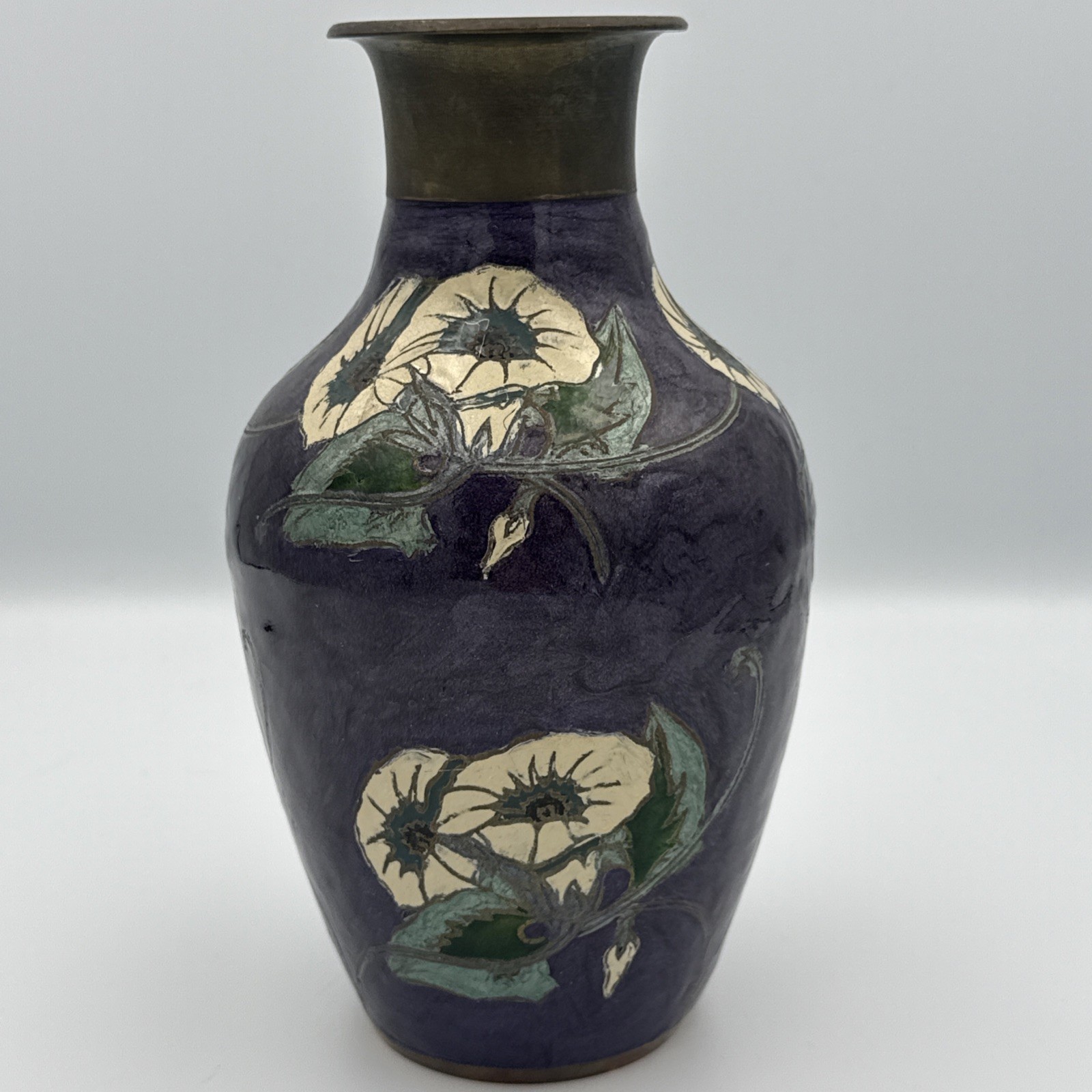 art deco brass vase Enamel Purple/ Cobalt Floral 