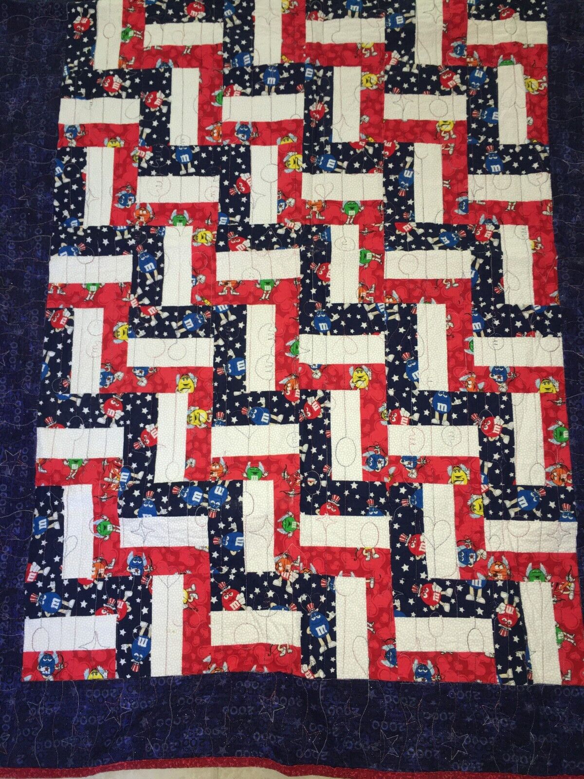 M&M red white blue handmade quilt 60x44 lap blanket bed coverlet M&M\'s candy