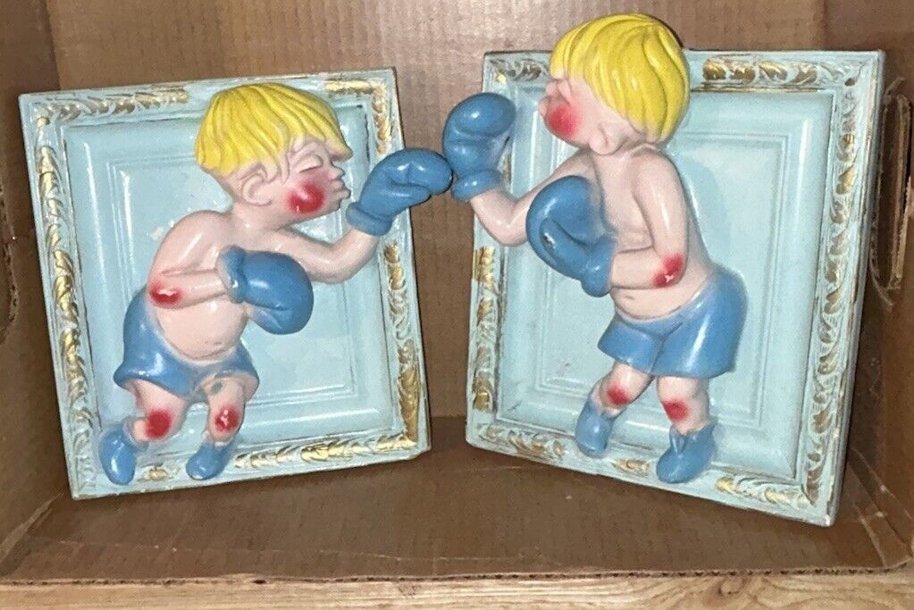 2 Chalkware Vintage Wall Plaques Boys Boxing. Twins. Blondes. Wall Art. Toddlers