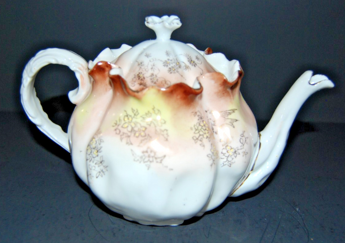 Antique RS Prussia Style Ruffled Melon Teapot Hand Painted Porcelain No Chips