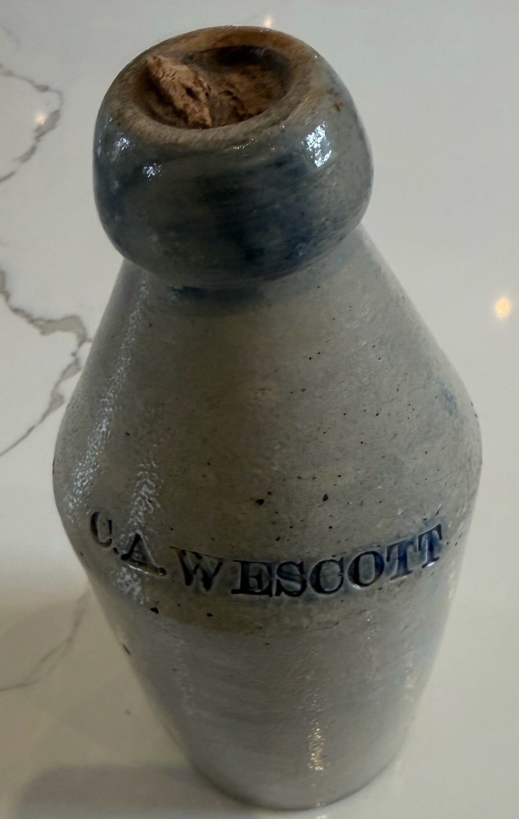 Antique 1873 C.A. Wescott Cobalt Mark Salt Glazed Stoneware Bottle