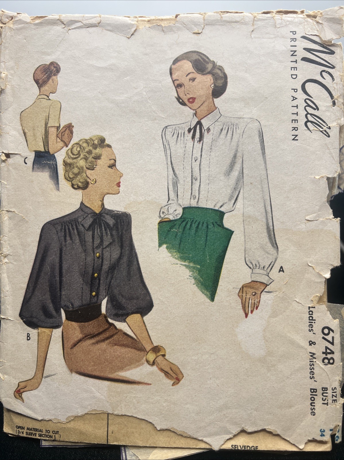 RARE Vtg 40's McCall's 6748 Sewing Pattern Size 16 34 Blouse Shirt Variations