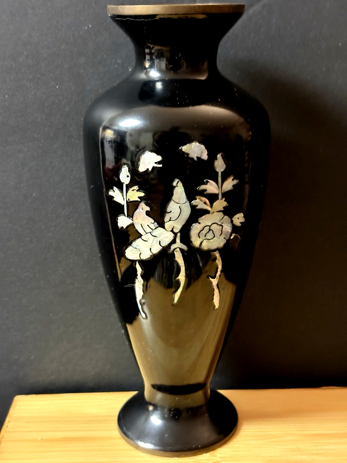 Cloisonné Vase Asian Mother Of Pearl Brass Black Enamel Brass Vase Vintage 7\ Cloisonné Vase Asian Mother Of Pearl Brass Black Enamel Brass Vase Vintage 7\