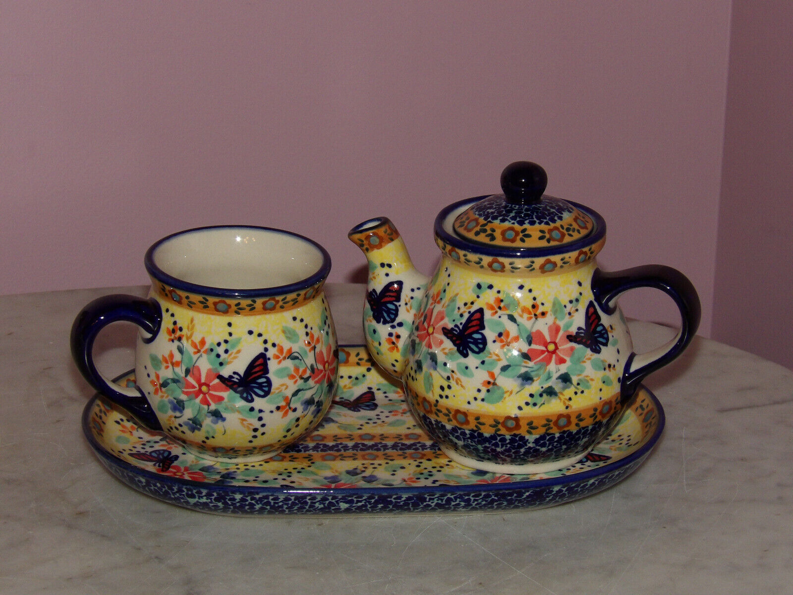 Polish Pottery Tea-for-One Tea set UNIKAT Signature Butterfly Summer