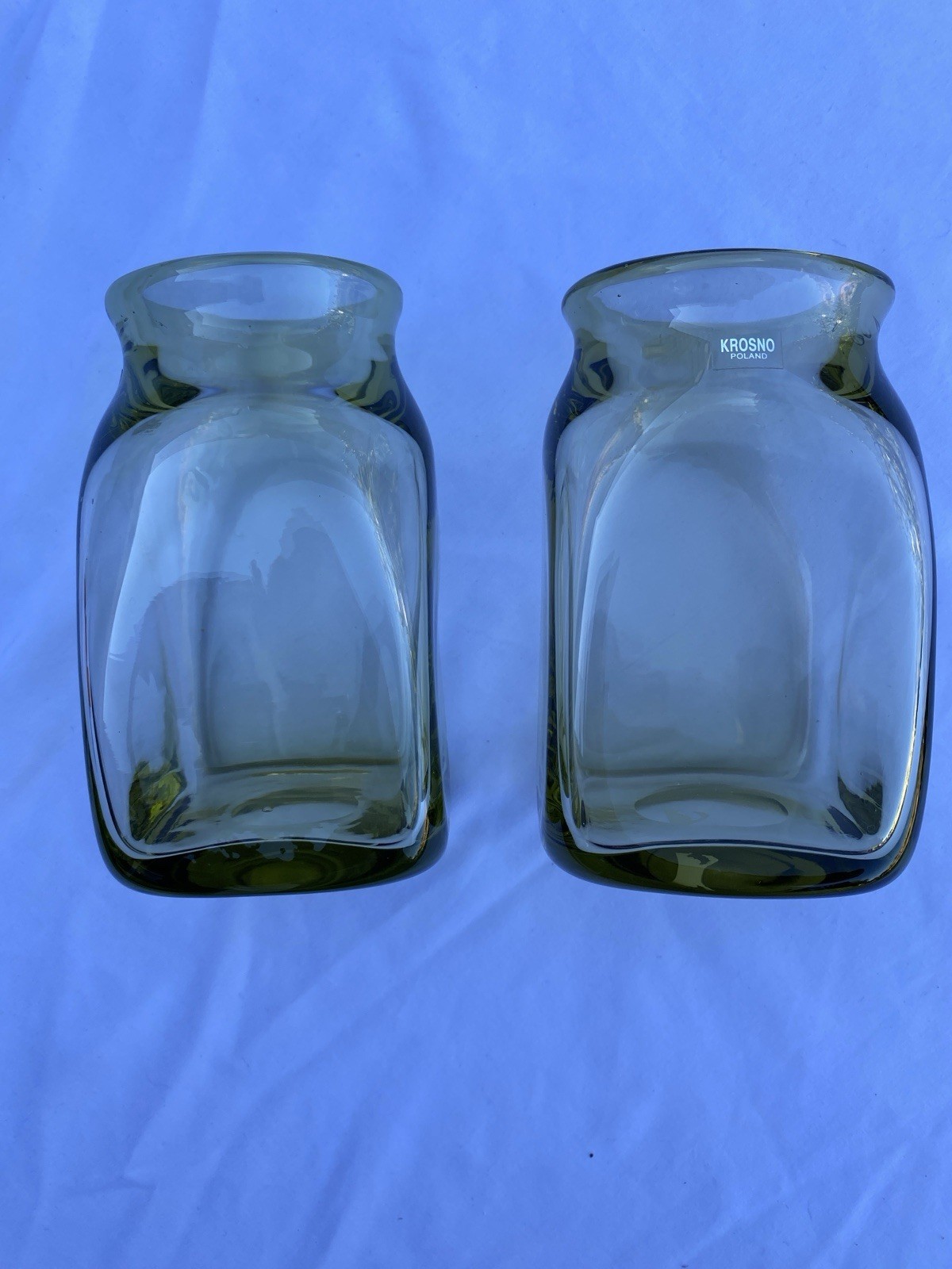 2-Vintage Krosno Poland LT.Olive Green Glass Jar Apothecary Vase 5 3/4” Tall New