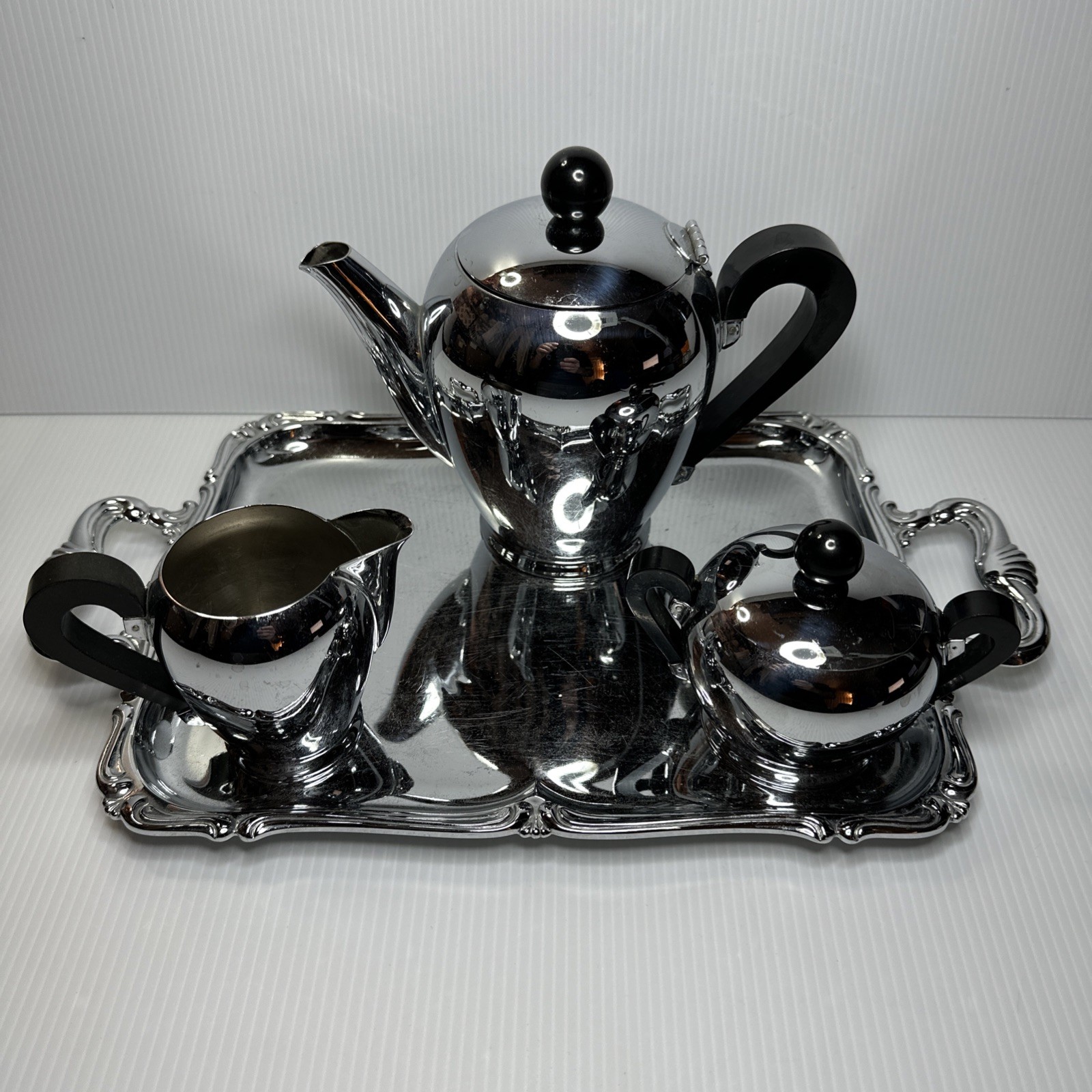 Vtg Alfra Italy Coffee Pot Cream, Sugar And Tray Steel And Bakelite Art Deco
