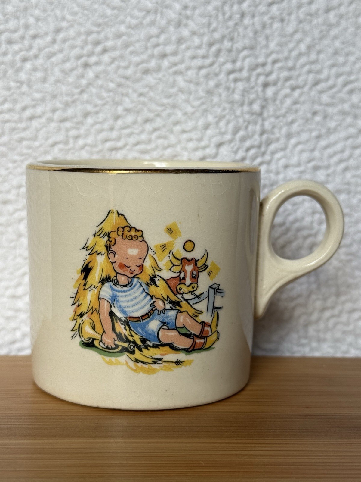 Vintage Childs Mug Cup Toy 2 Inch Boy With Cow