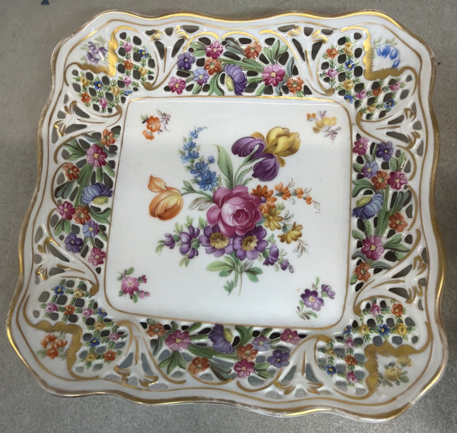 Square Schumann Bavaria Dresden Hand Painted Floral Gilt Pierced Bowl