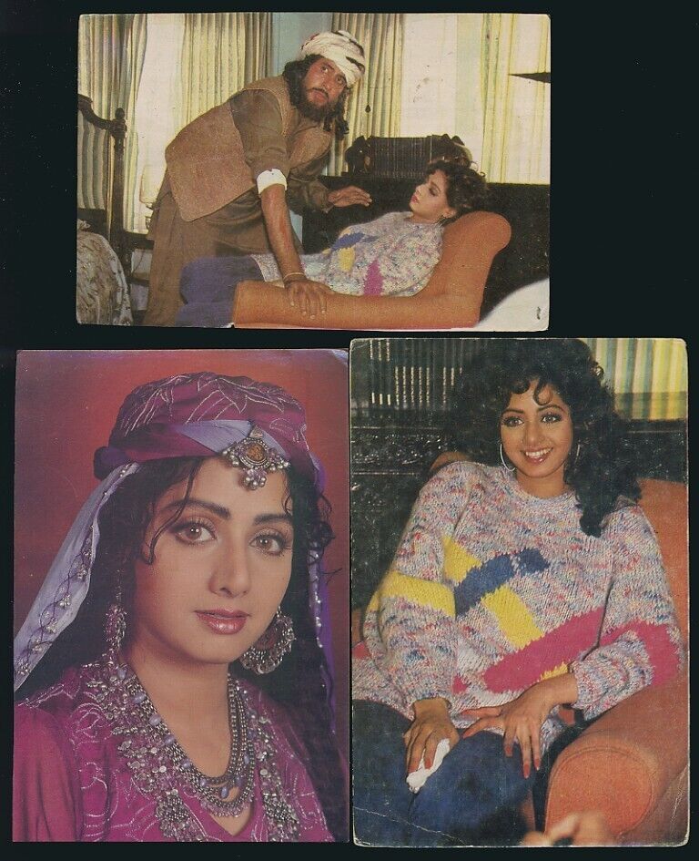 Bollywood actors Amitabh Bachchan, Sridevi. 3 rare postcards.