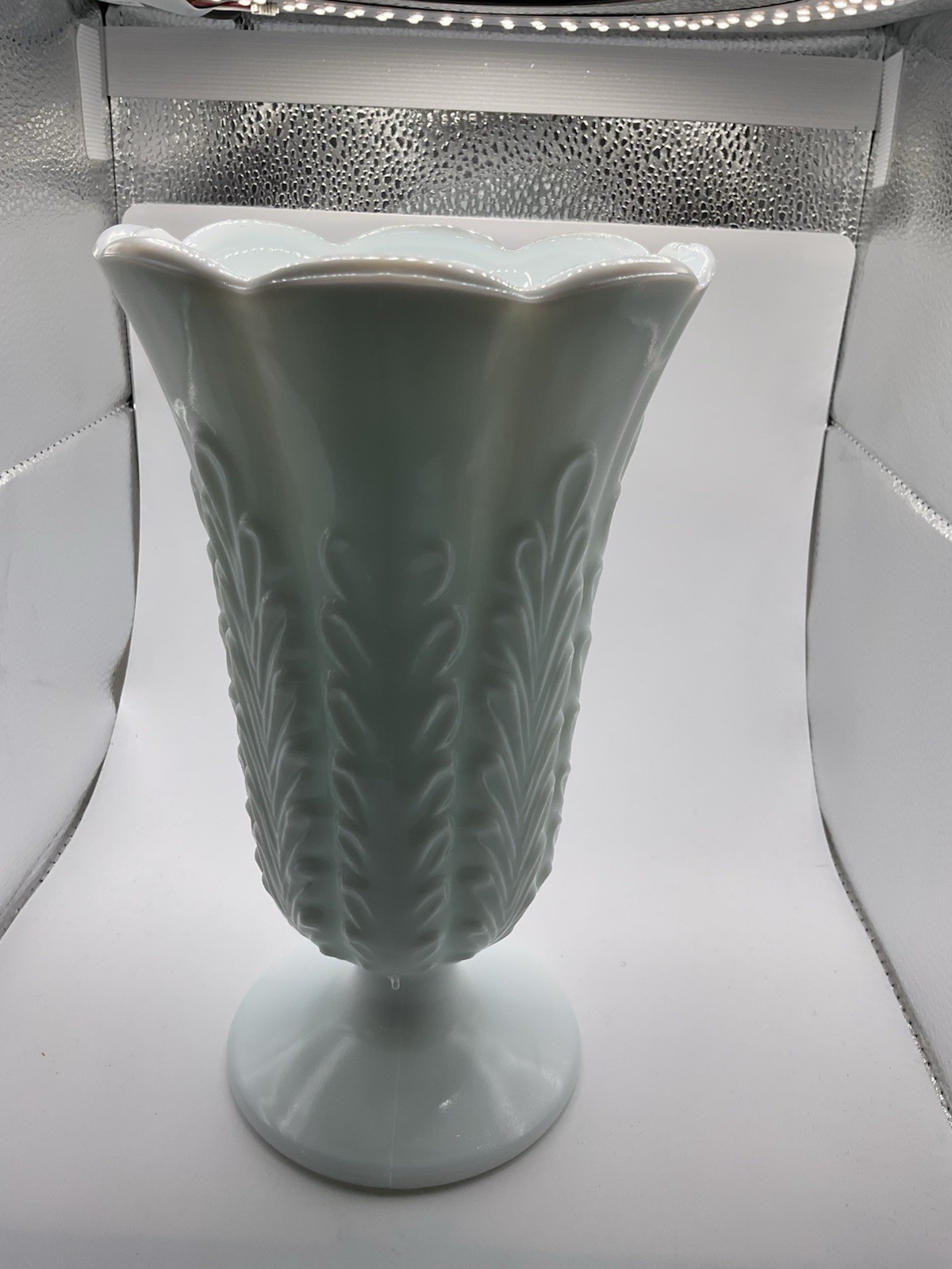 Vintage E O Brody Milk Glass Footed Flower Vase Scalloped Rim USA