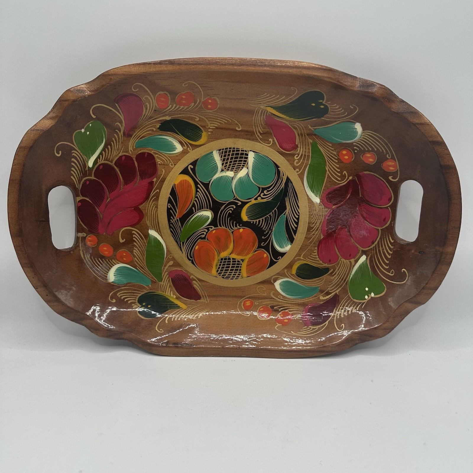 Vintage Mexican Wood Tray Hand Painted Floral Farmhouse Folk Art Oval 13