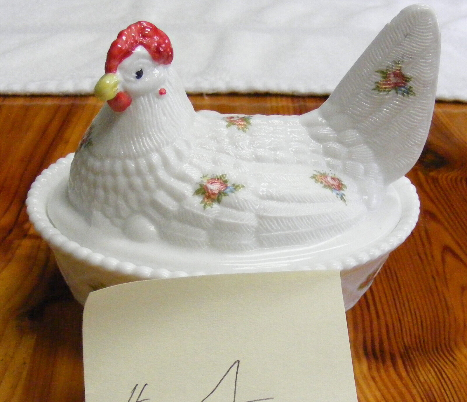 MILK GLASS COVERED CHICKEN DISH HANDPAINTED & DECORATED WESTMORELAND MOULD ROSES