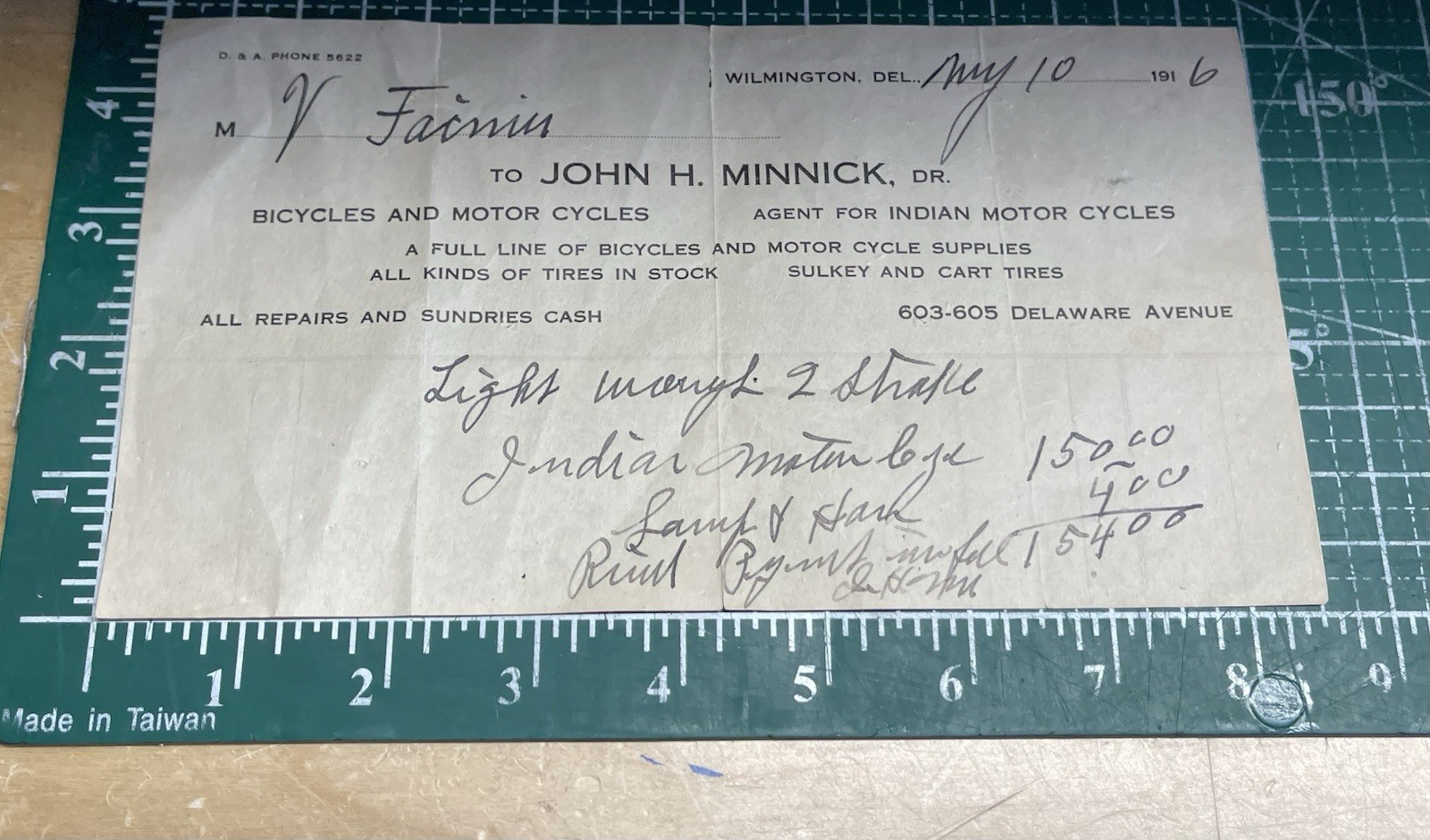 1916 The Indian Motorcycle And Bicycle dealer Receipt Wilmington Delaware