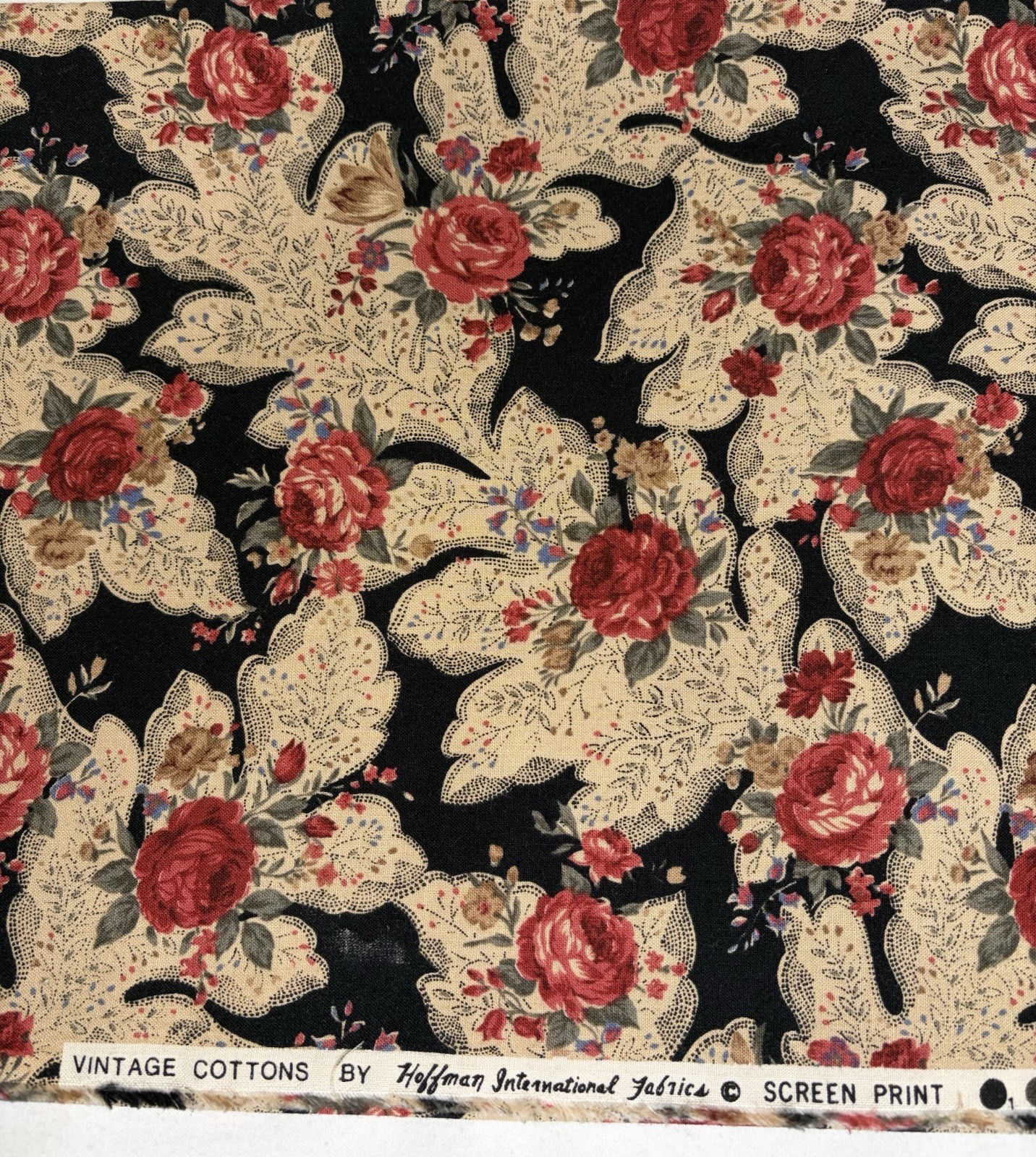 Vintage Cotton Hoffman International Fabric  1.5 Yard Red Roses Black Lace OOP