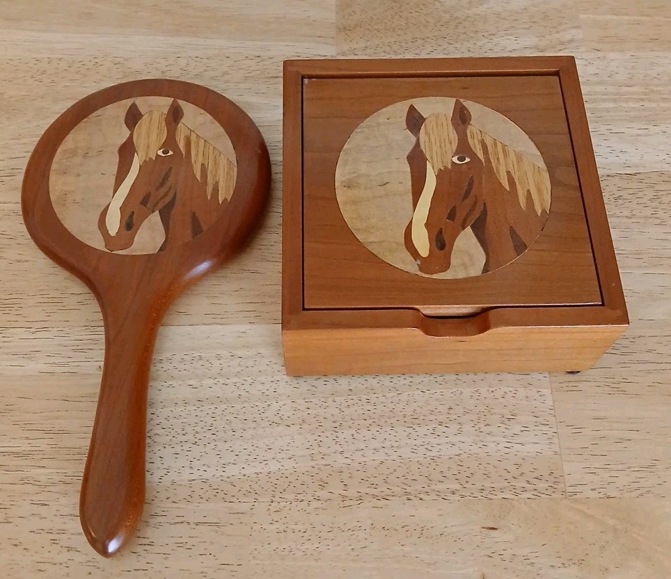 Wooden Hinged Horse Trinket Box and Handheld Beveled Mirror with Horse pic Vtg?