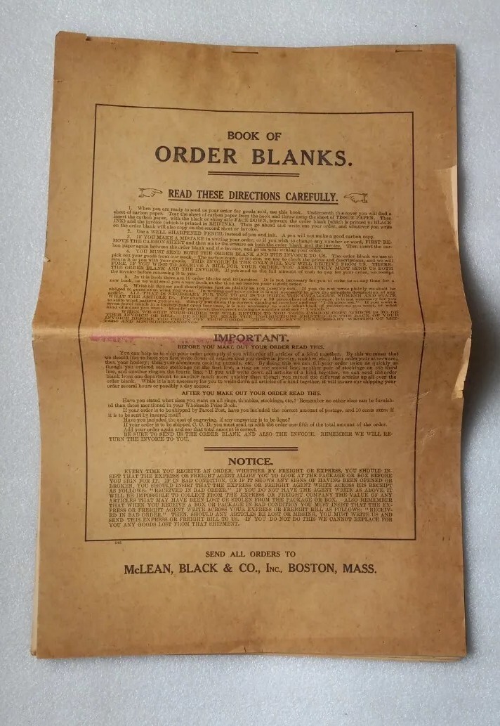 Antique 1920s Pad of Blank  McLean Black Sales Order Forms w Carbon Boston, Ma.