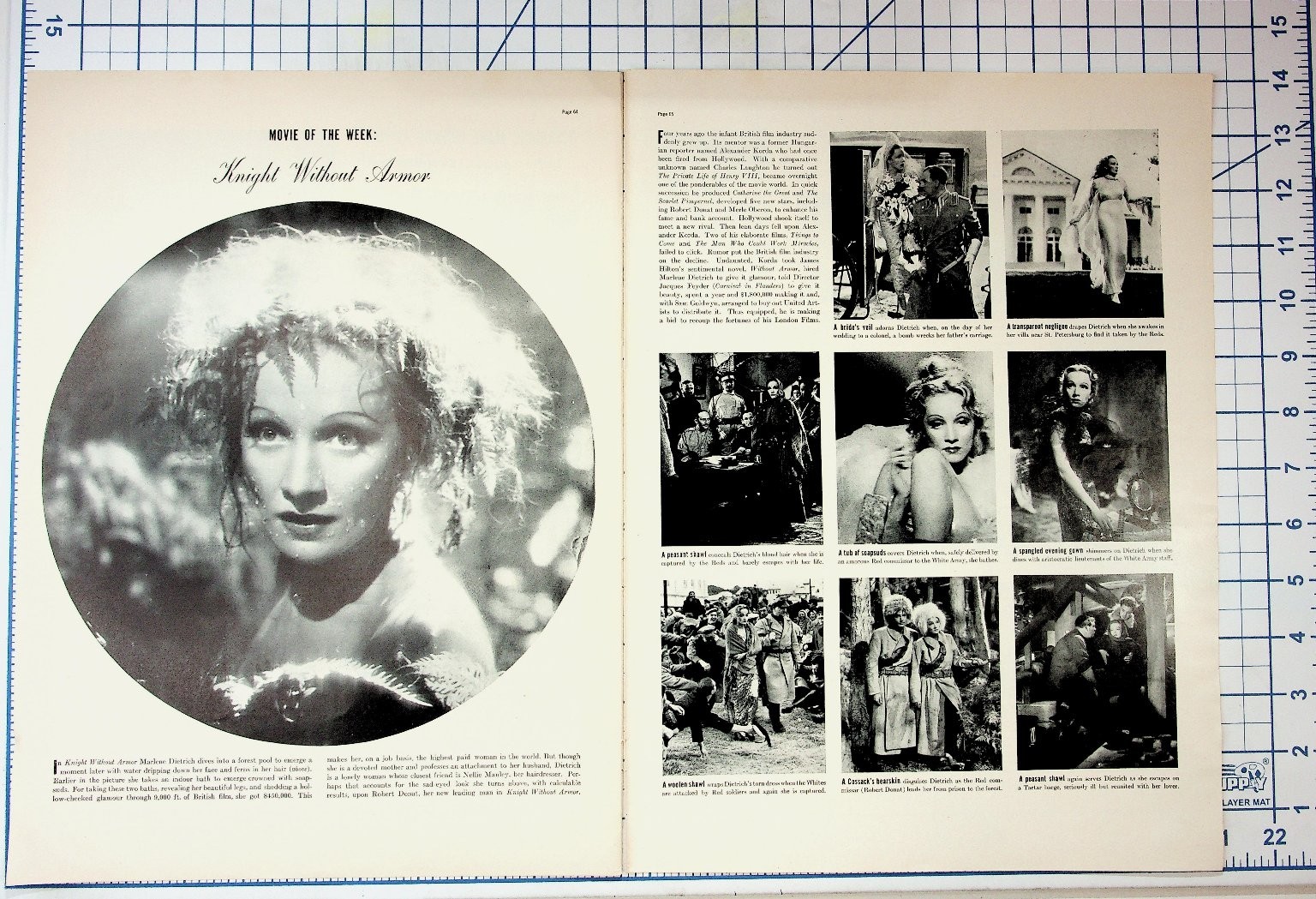 1937 Marlene Dietrich Knight Without Armor Movie Magazine Page Ephemera 1937 Marlene Dietrich Knight Without Armor Movie Magazine Page Ephemera
