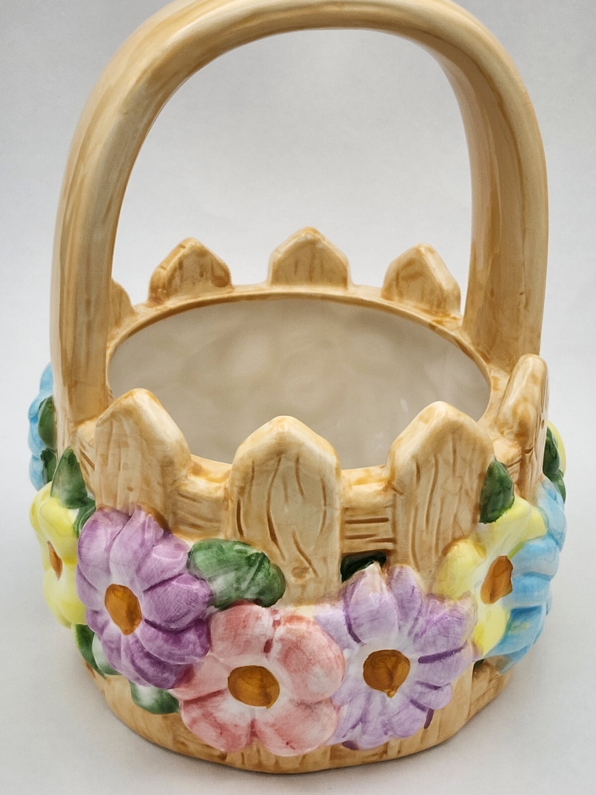 Vintage Telaflora Ceramic Picket Fence Floral Spring Easter Basket Planter