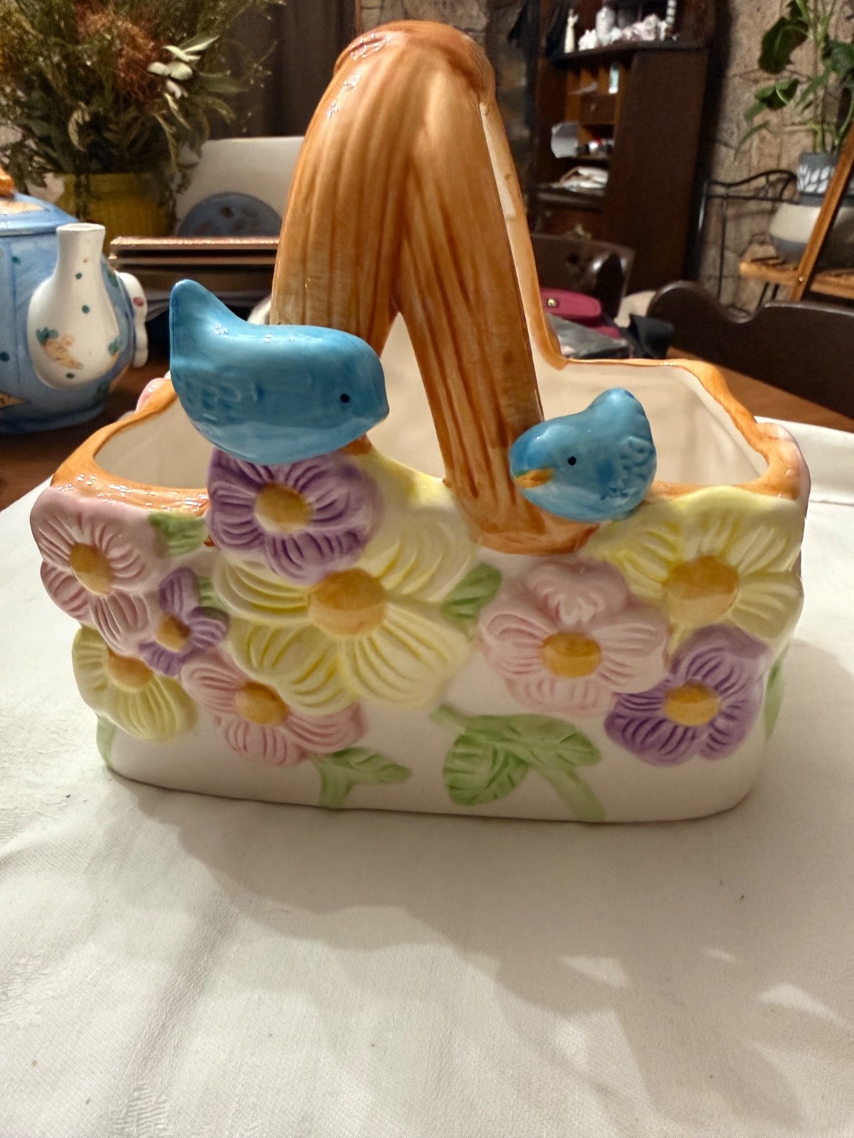 Teleflora Gift Ceramic Basket ~ Flowers & Bluebirds ~ Made in Thailand   