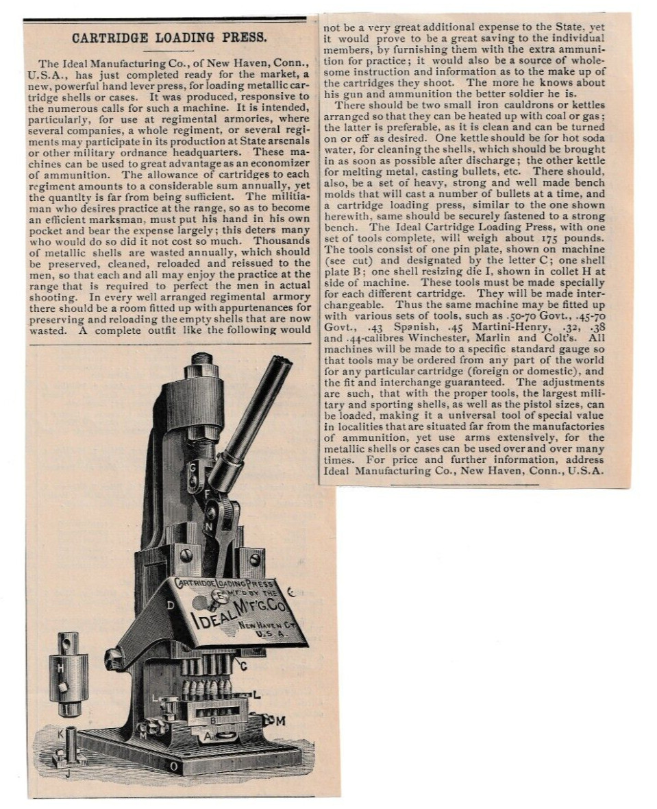 IDEAL MFG. CO. Cartridge Loading Press Ammunition 1892 Catalog Ad New Haven IDEAL MFG. CO. Cartridge Loading Press Ammunition 1892 Catalog Ad New Haven