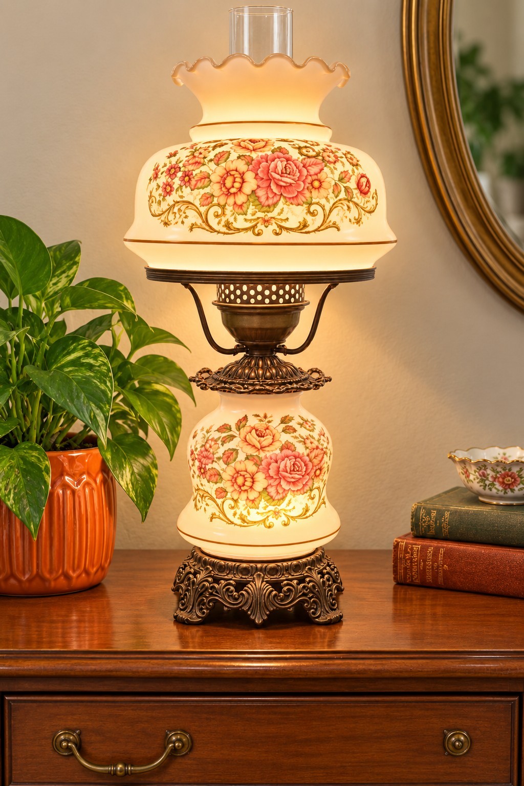 Vtg Quoizel Gone With The Wind Hurricane Double Lamp 60\'s 3 Way EUC Floral 