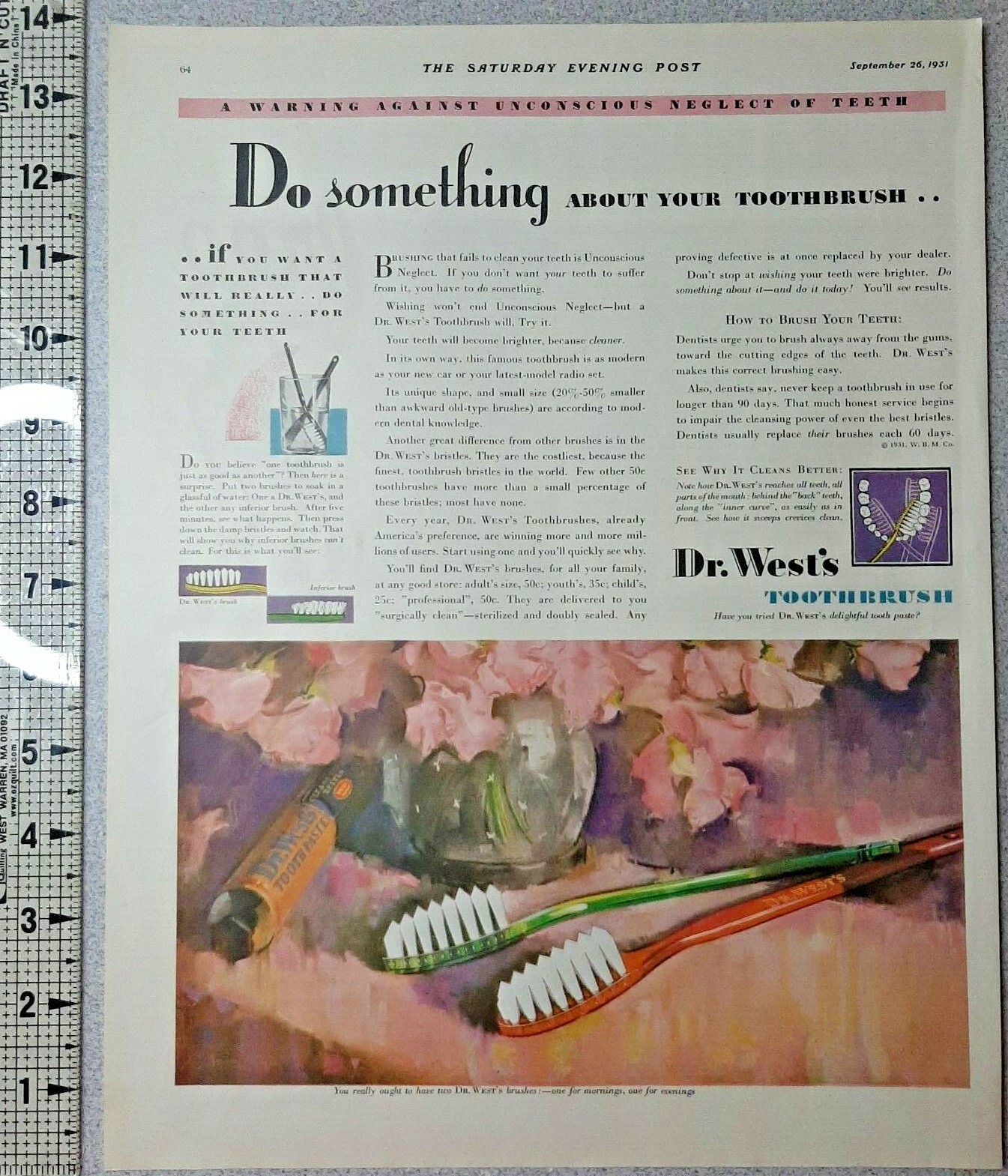1931 Dr West Toothbrush Vintage Print Ad Toothpaste Dentist Dental Hygiene Teeth