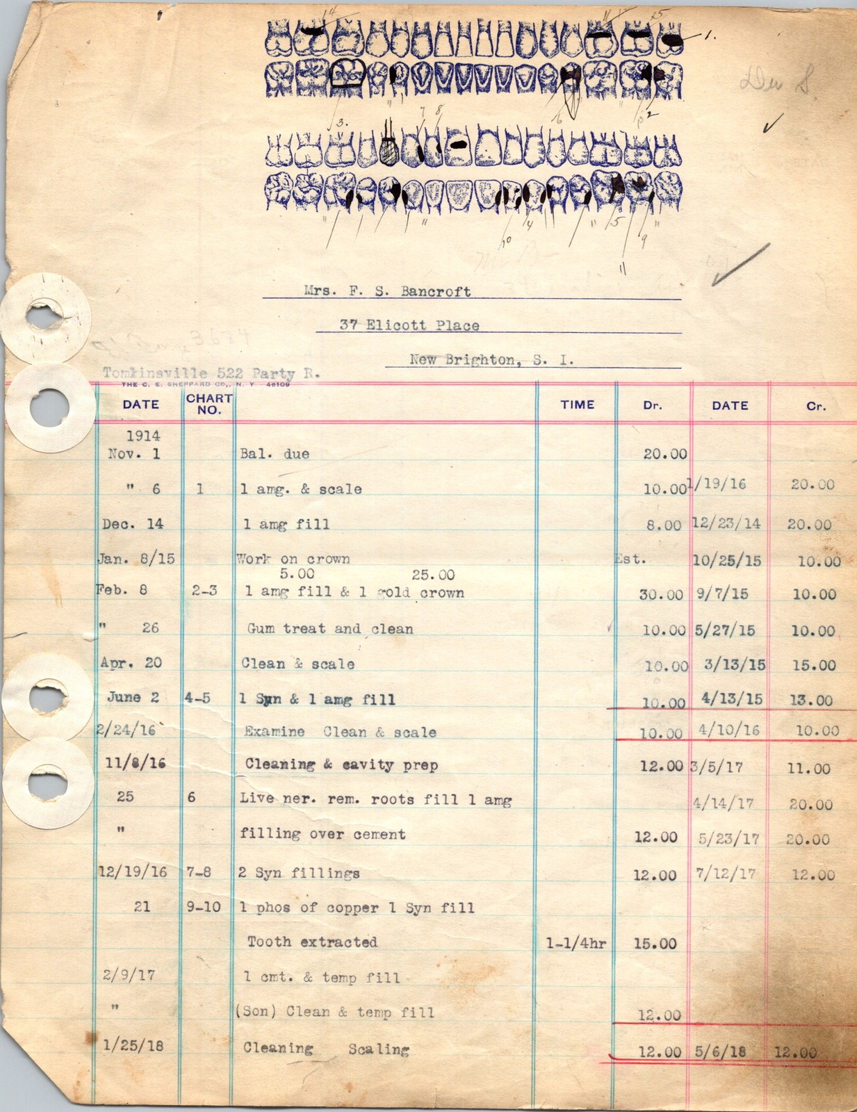 Dental Ledger & Odontogram Mrs F.S. Bancroft Crown Extraction 1919-27 Antique Dental Ledger & Odontogram Mrs F.S. Bancroft Crown Extraction 1919-27 Antique