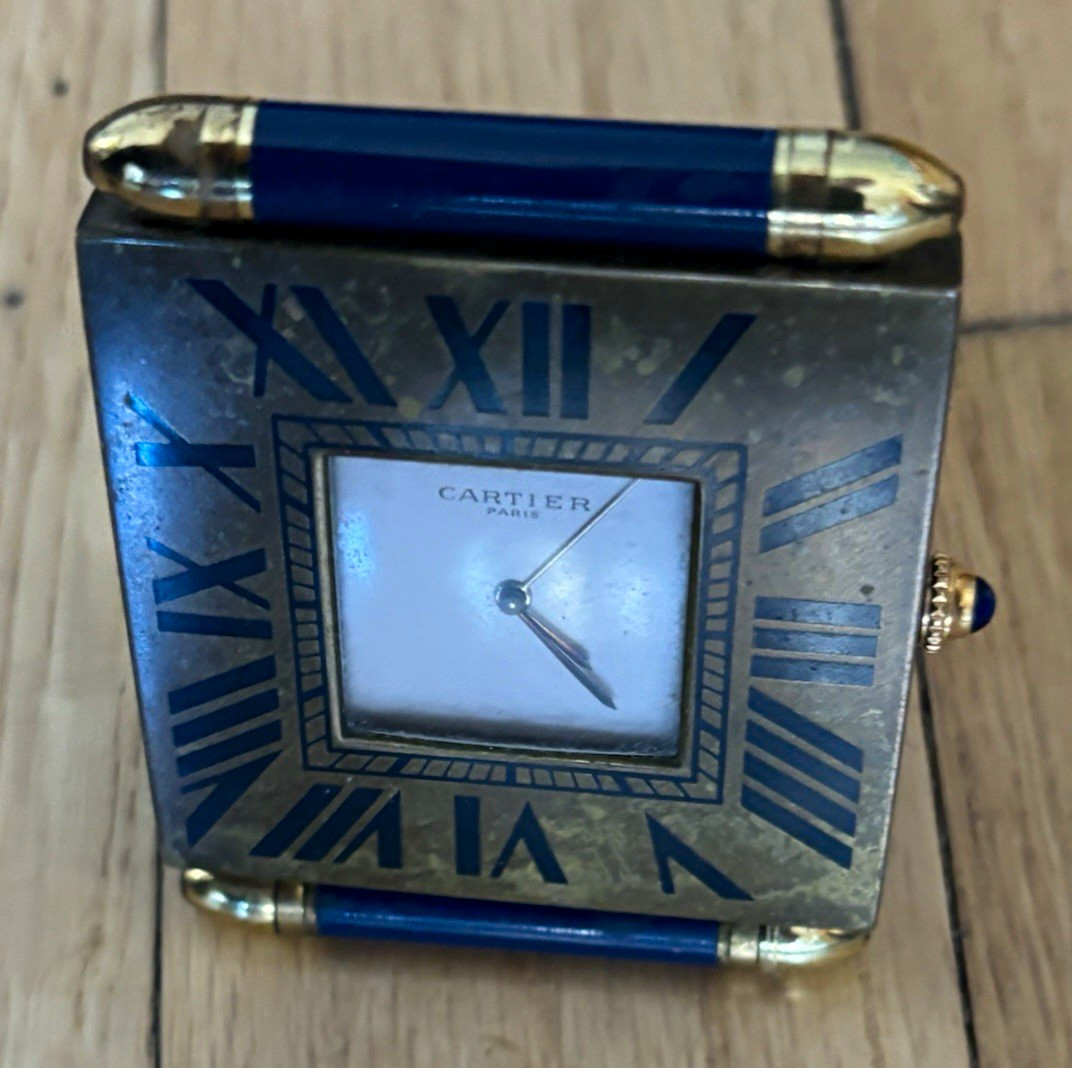 Cartier Paris Quartz Folding Desk Clock Blue Enamel Gold Tone, France,  AS IS