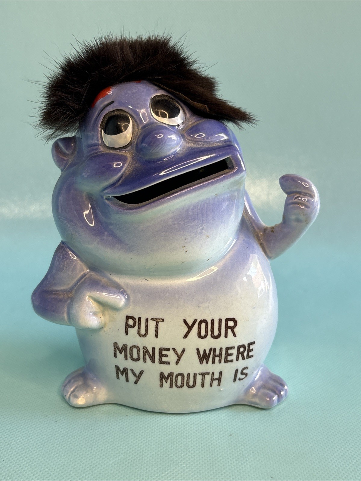 Vintage \'64 Kreiss Psycho Ceramics Blue Monster Coin Piggy Bank Money in Mouth