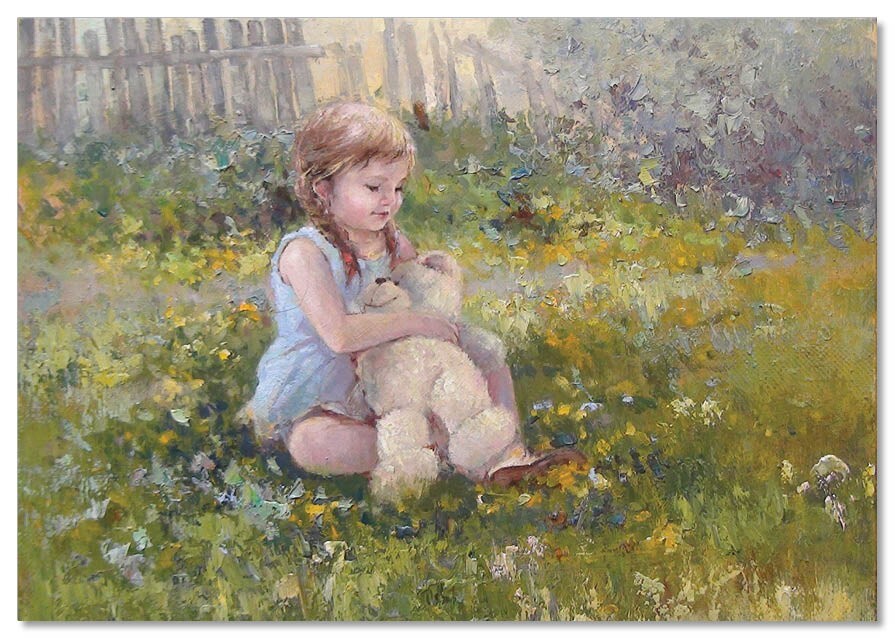 LITTLE GIRL  & Teddy bear favorite toy KIDS ART Morozova Russia NEW Postcard