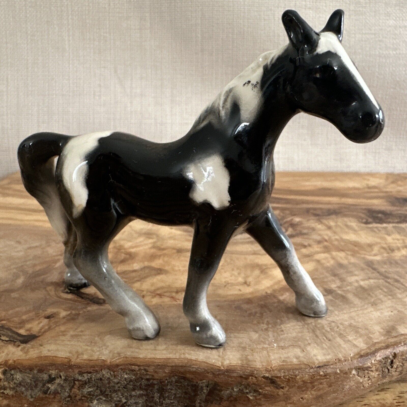 Vintage Ceramic Black & White Horse Figurine 4” Long 3.5” Tall