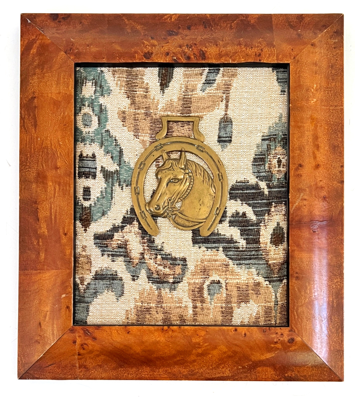 Antique Horse Brass Medallion Burled Wood Frame c 1880s