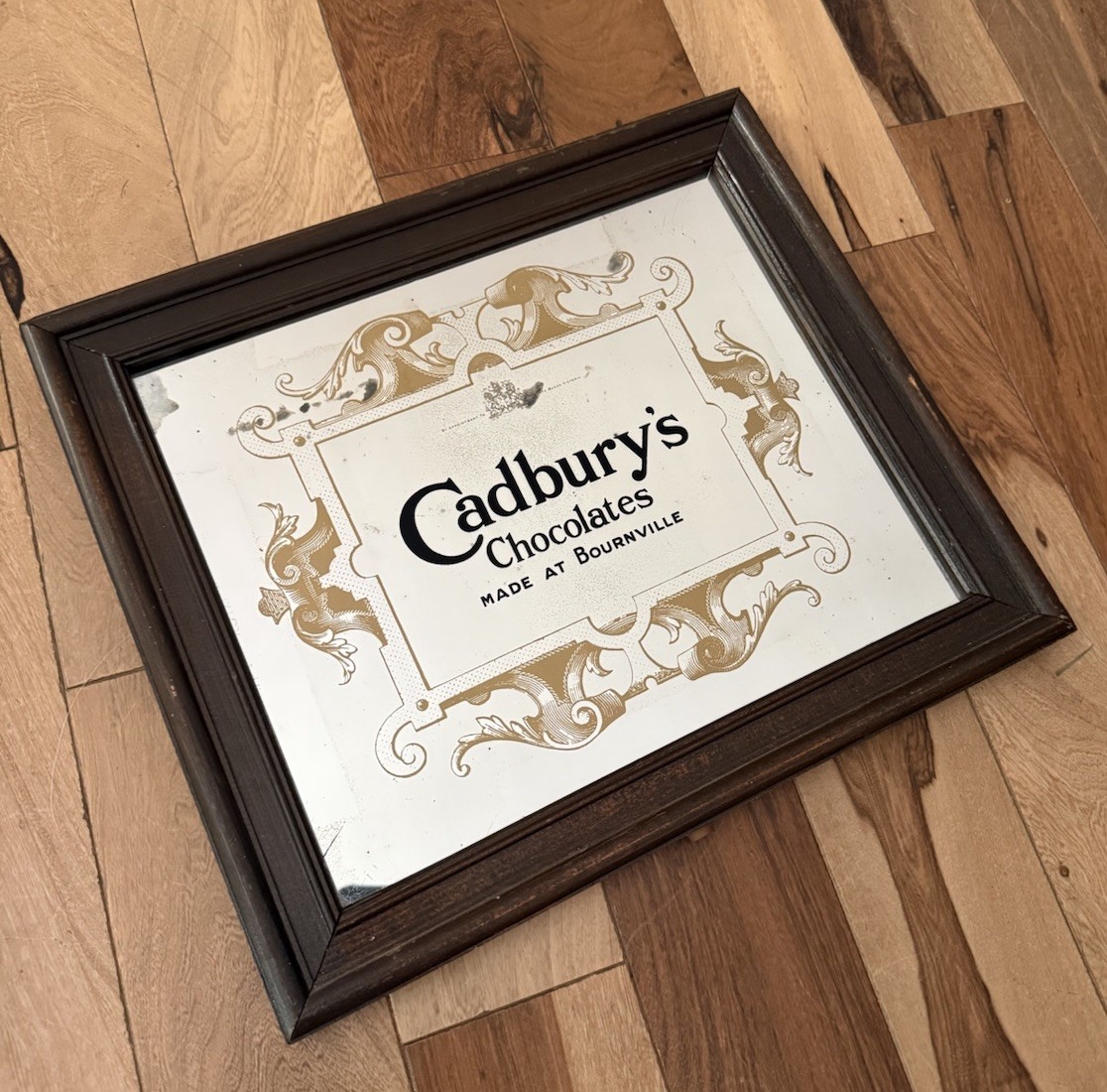 Vintage RARE Cadbury’s Chocolates Reverse Painted Advertising Mirror Wood Framed