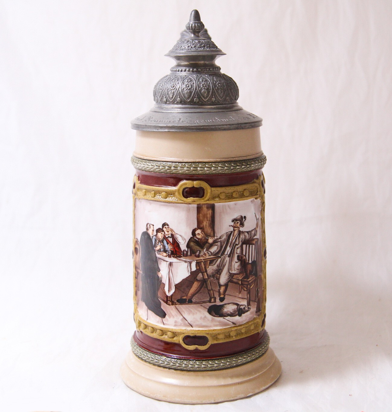 Antique German HR Hauber&Reuther Porcelain Beer Stein #164 Tavern Scene dat.1895