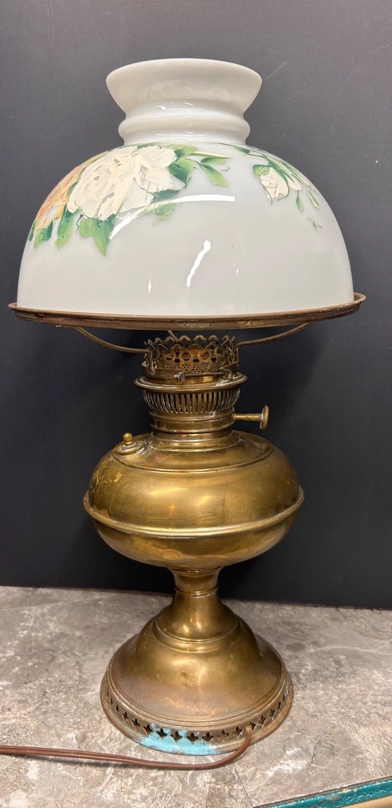 Brass Duplex Kerosine Oil Lamp With Hand Painted Shade Electrified Has Dent Brass Duplex Kerosine Oil Lamp With Hand Painted Shade Electrified Has Dent