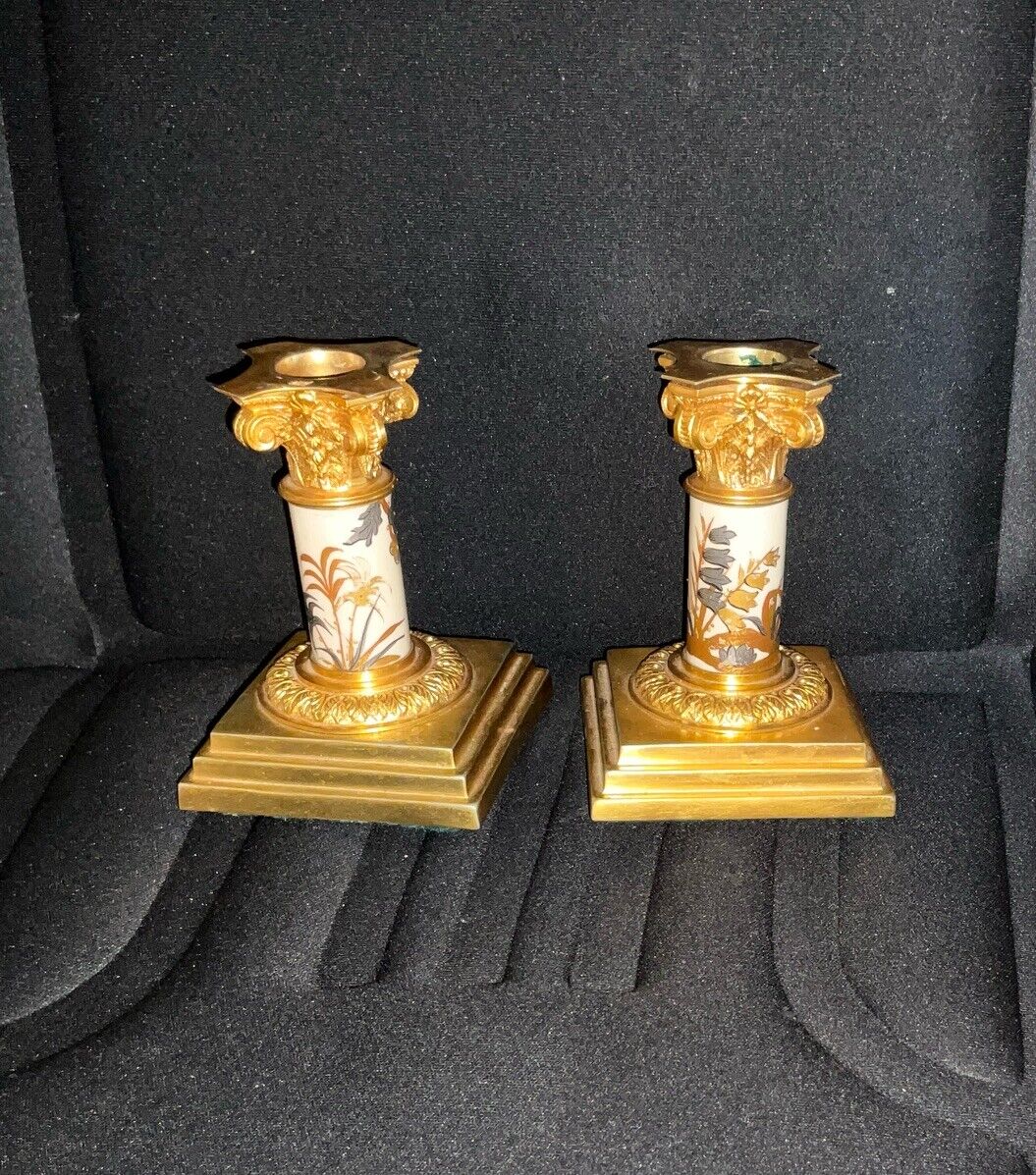 Antique Pair Ornate CONTINENTAL Porcelain/Bronze Candle Holders