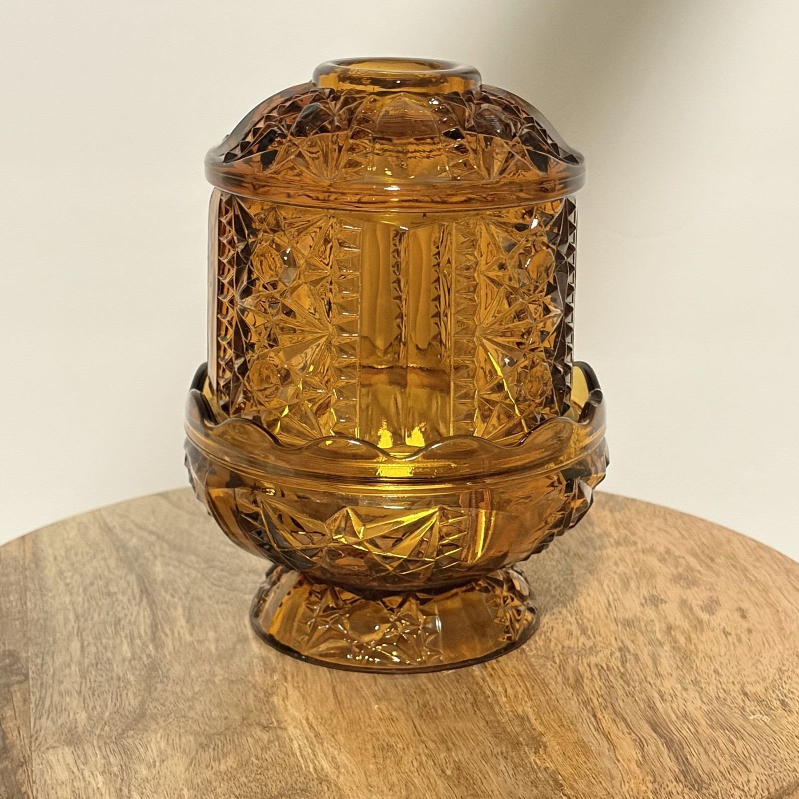 Vintage Indiana Glass Stars & Bars Amber Fairy Lamp 2 Piece Candle Holder 1970s