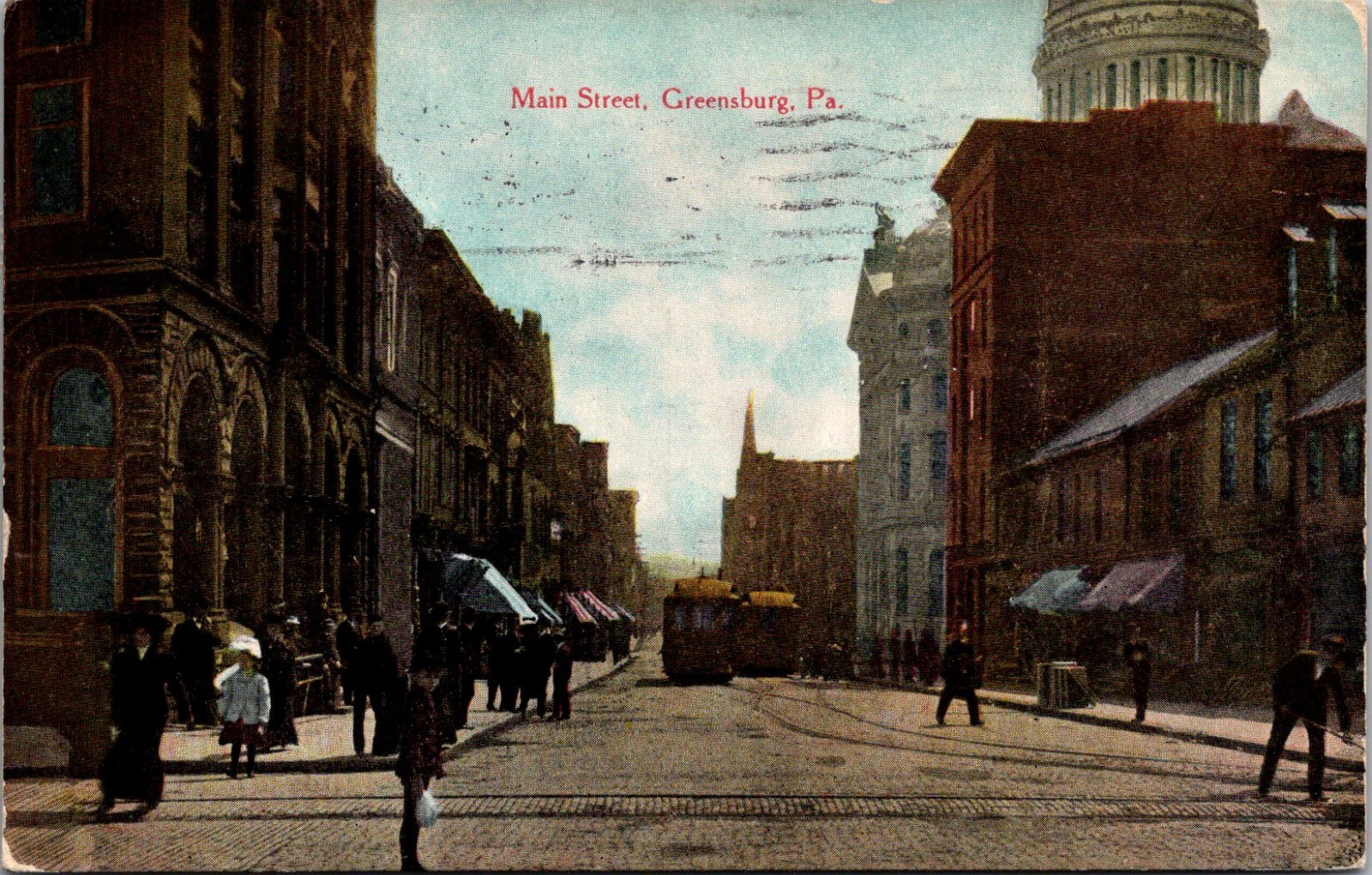 Main Street Downtown Street Scene 1909 Greensburg PA Vintage Postcard TP13-4
