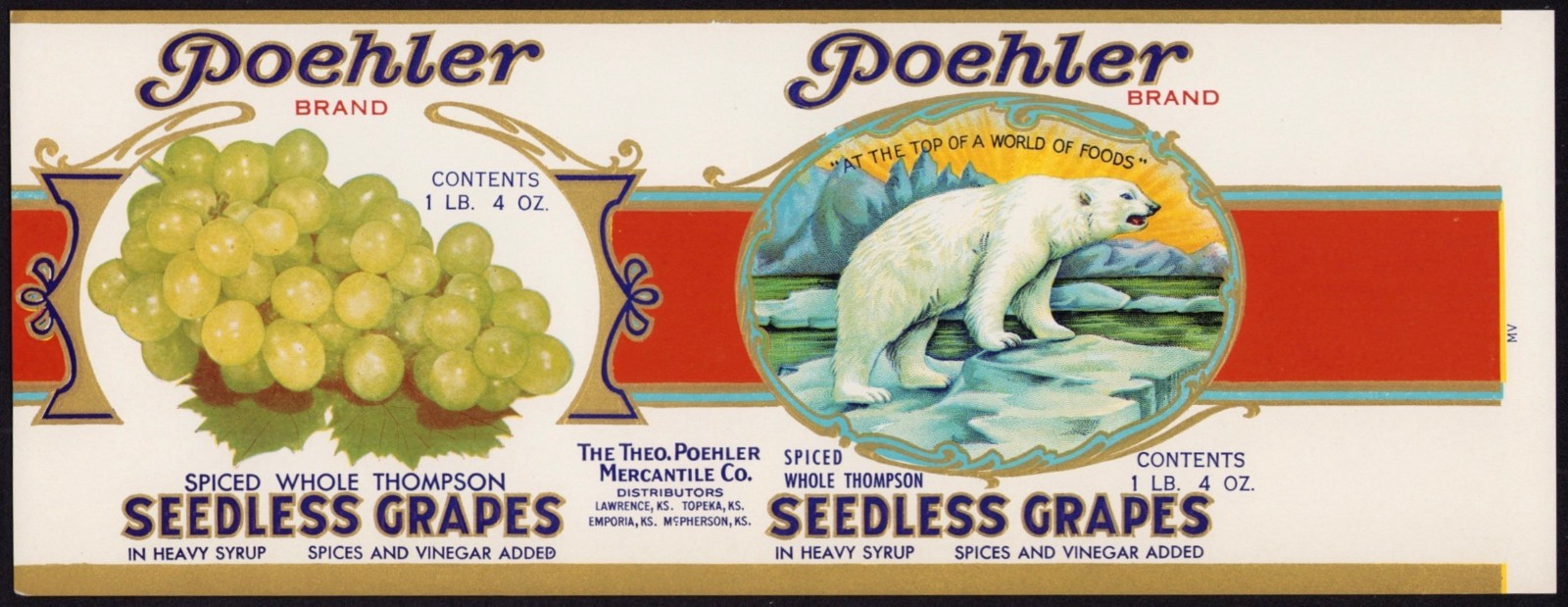 POEHLER BRAND SEEDLESS GRAPES vintage can label Kansas 1930s Polar Bear