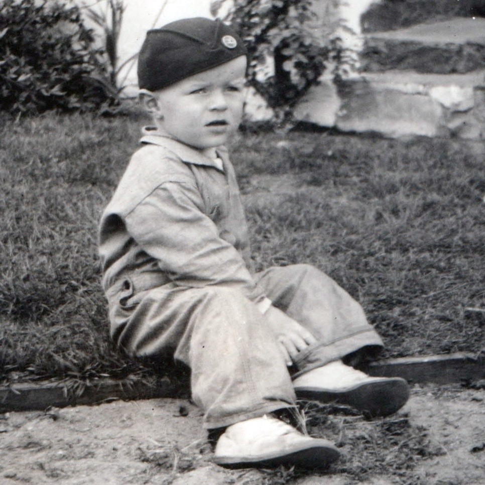 c1930s Toddler Boy Garrison Cap Overalls Snapshot Photo Art Deco Border Yard Vtg