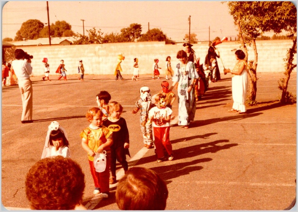 1970s School Halloween Parade Photograph - Batman Stormtrooper Spider-Man Bride