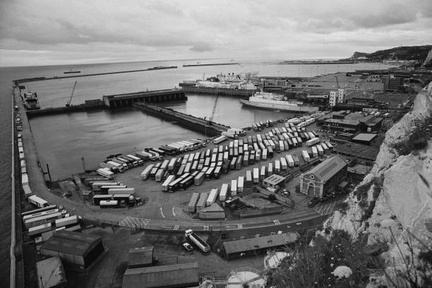 Aerial view of the docks with a Townsend Thoresen ferry and lorries - Old Photo