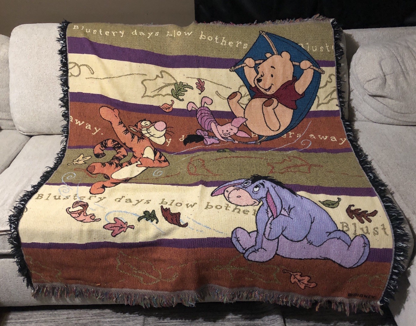 Vintage Disney Pooh Tigger Eyeore Piglet Woven Throw Blanket Blustery Days Blow