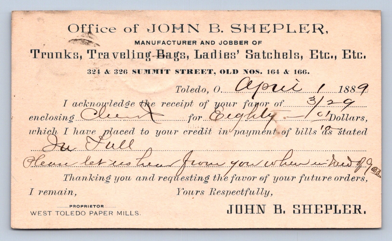 J95/ Toledo Ohio Postcard c1889 John Shepler Trunks Bags Store  186